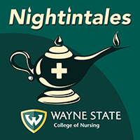 logo of nightintales podcast with WSU College of Nursing logo and old fashioned nursing lamp