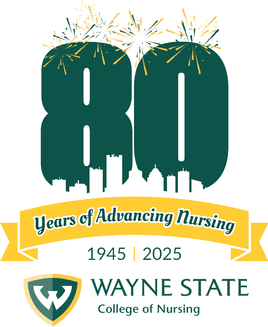 WSU College of Nursing 80th anniversary logo with Detroit skyline and years 1945 and 2025